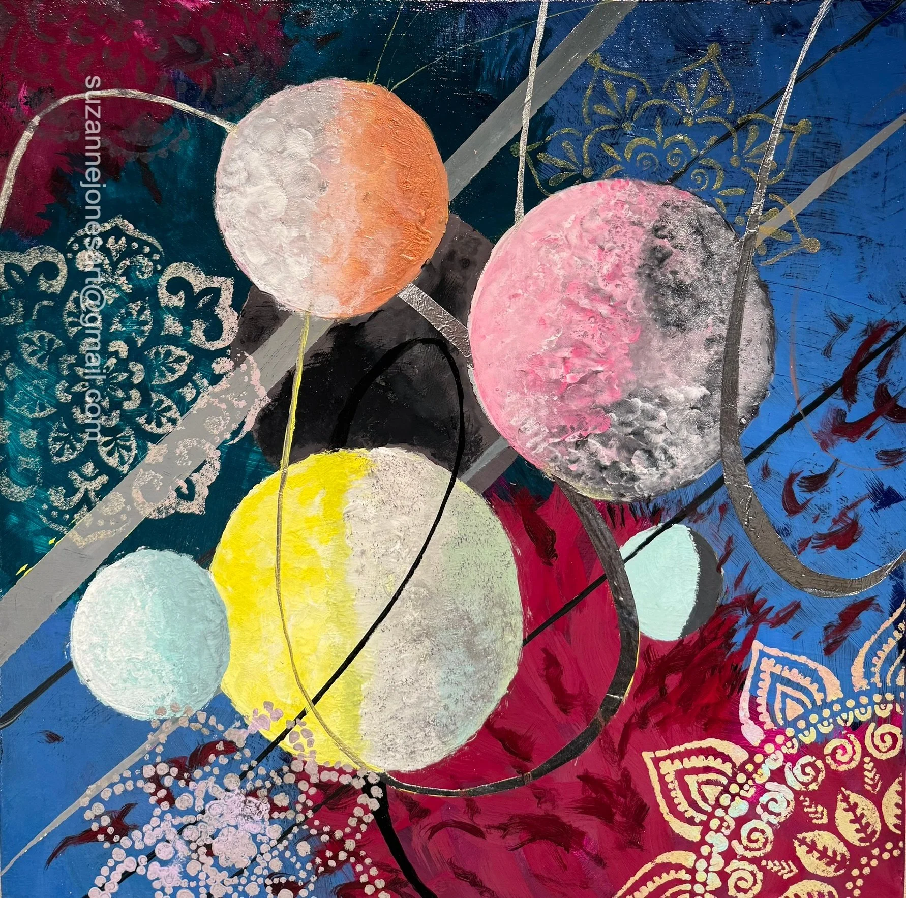 Abstract painting with colorful circles, vibrant patterns, metallic accents, and intricate designs, including pink, yellow, blue, black, and silver hues.