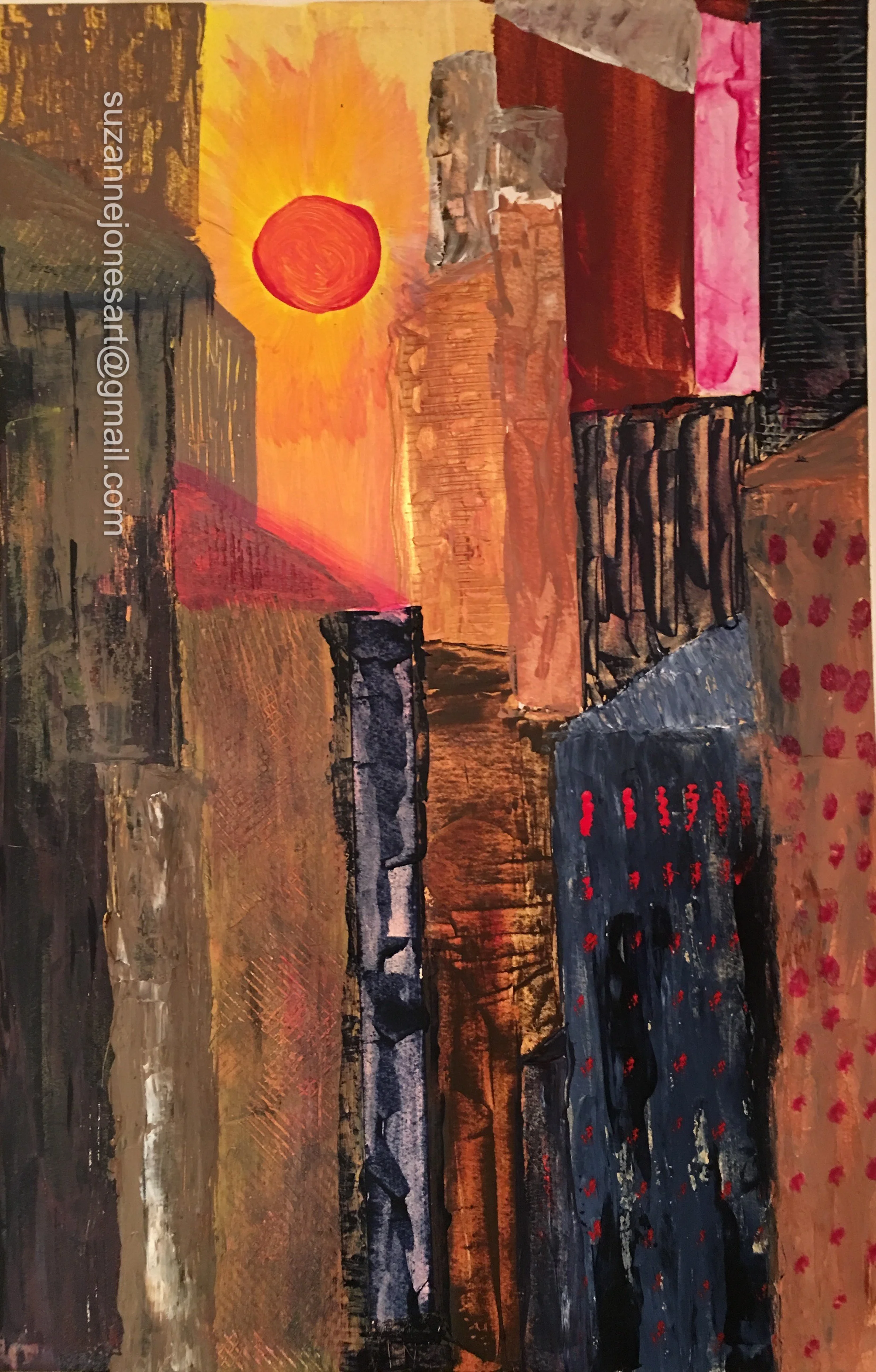 An abstract painting of a sunset over industrial buildings and smokestacks, with a large red sun and vibrant orange, pink, and dark tones.