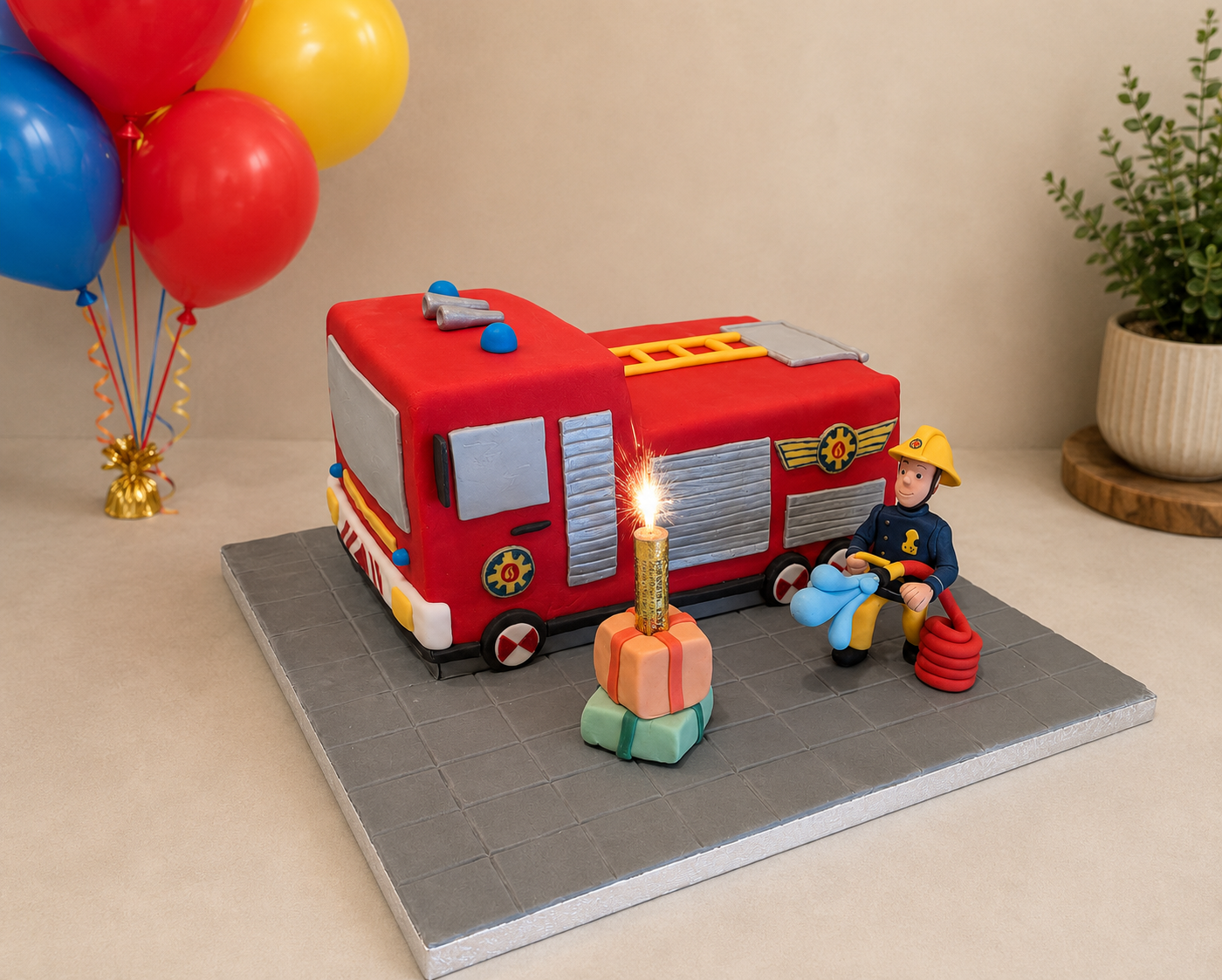 Fondant fire truck and handmade sugarpaste figure