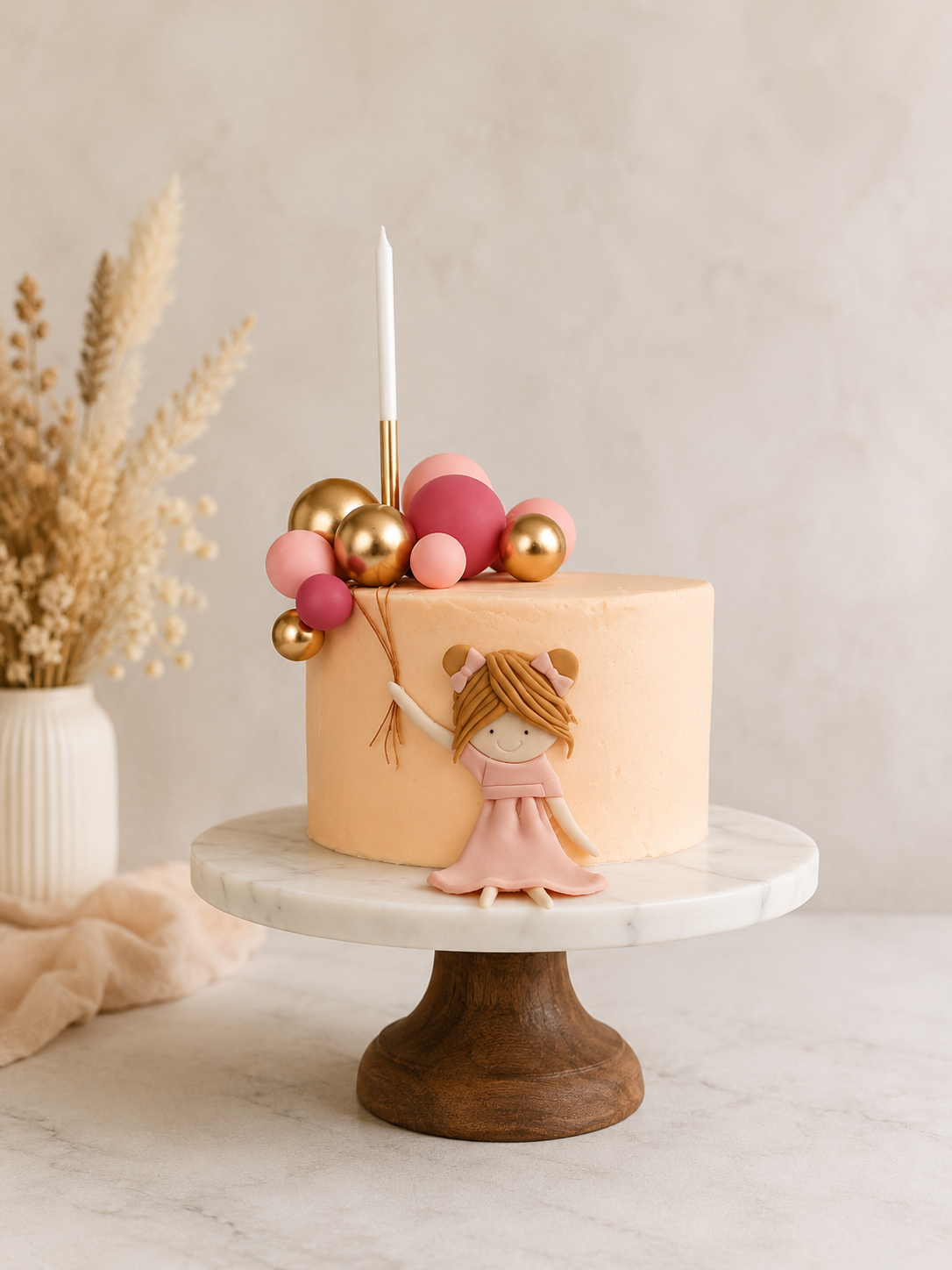 Handmade fondant girl with non-edible balloons