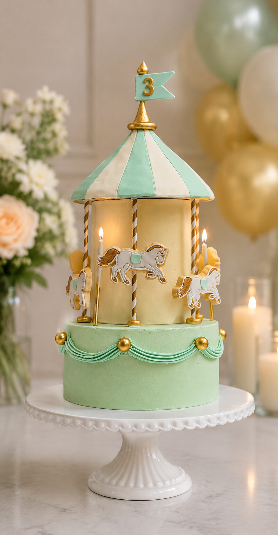 Two edible tiers, with handmade sugar cookie horses