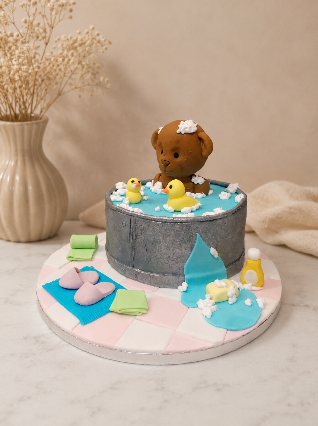 Bath cake with teddy bear and accessories