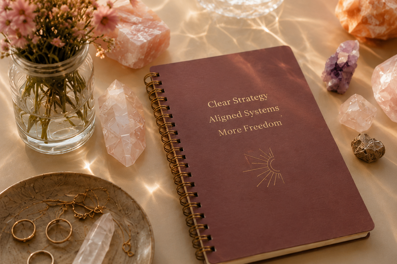 A spiral-bound notebook with the words "Clear Strategy Aligned Systems More Freedom" on a table surrounded by crystals, jewelry, a glass of water with flowers, and a small vase with pink flowers.