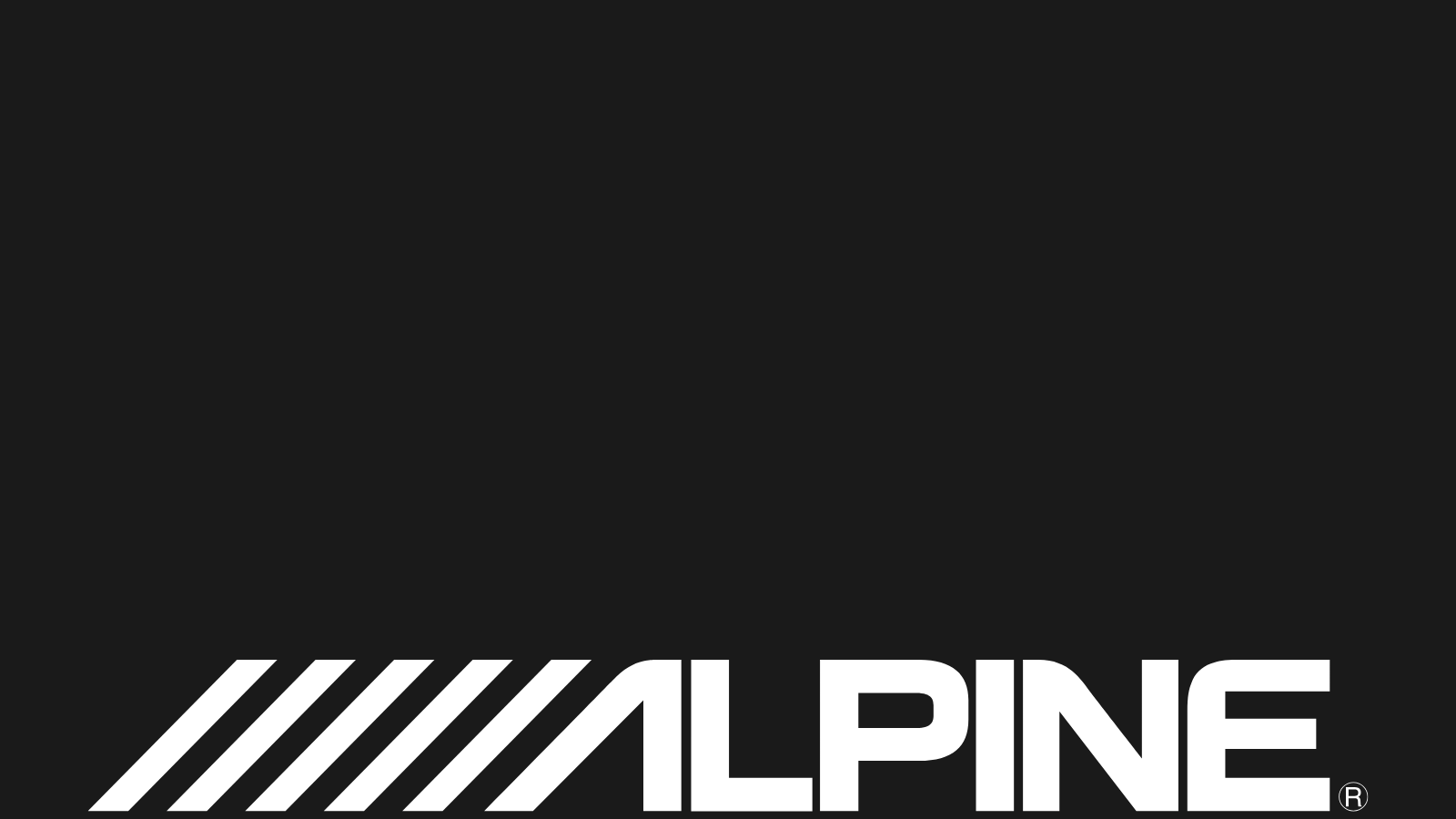 Alpine logo met witte lijnen en tekst op zwarte achtergrond.