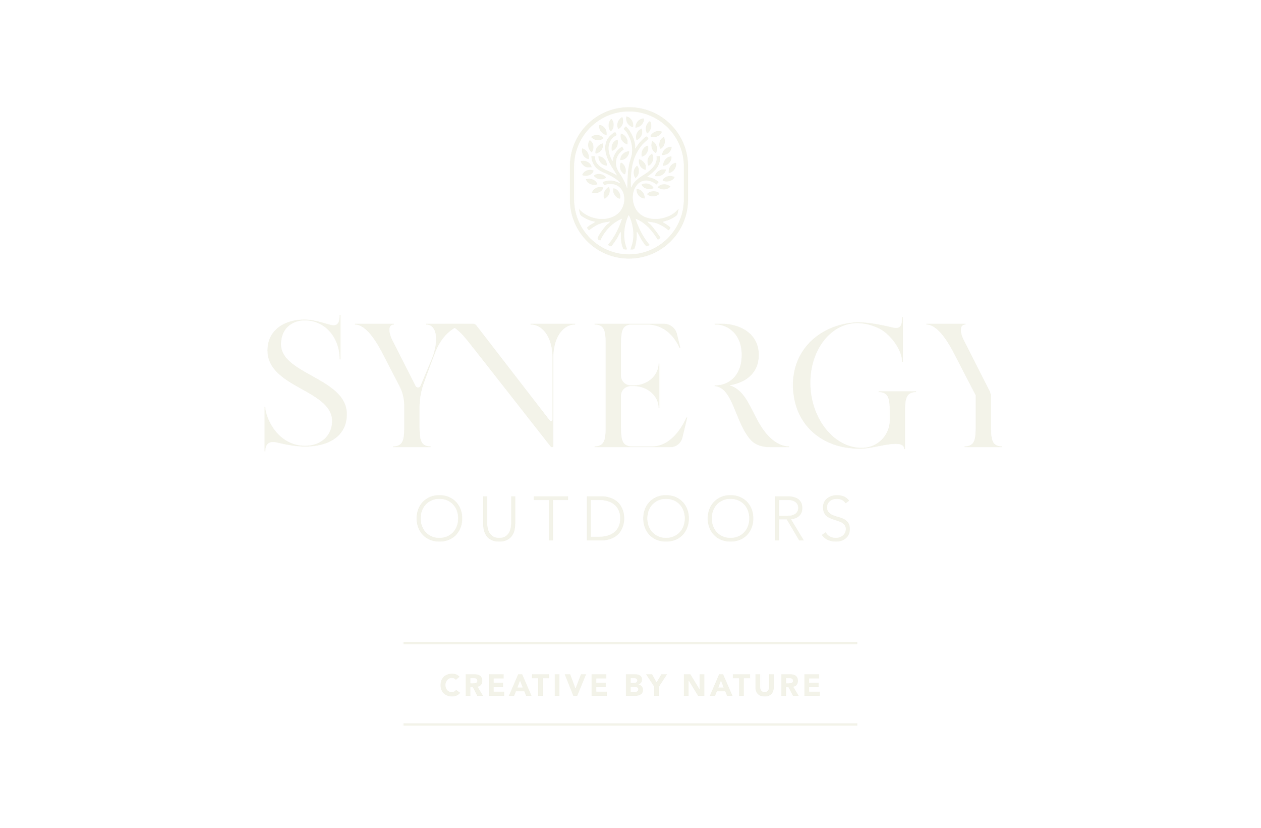 Synergy Outdoors logo with a tree emblem and the slogan 'Creative by Nature' on a black background.