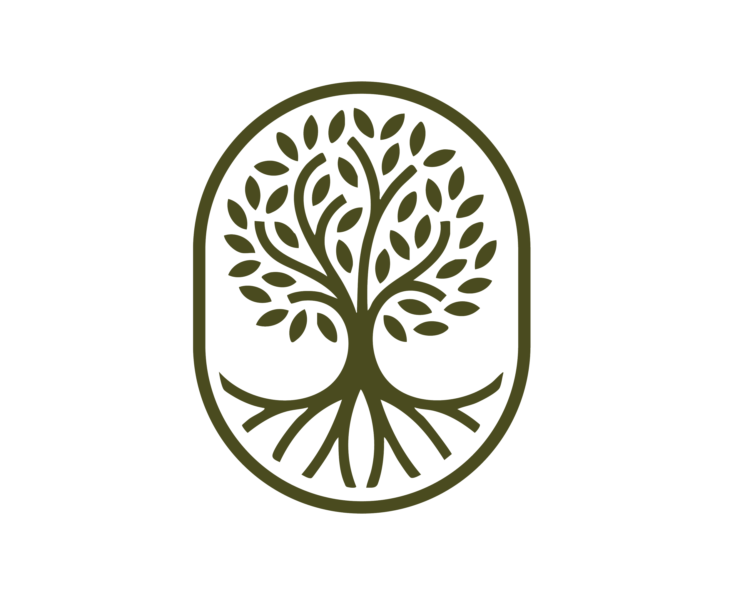 Black and green logo with a stylized tree inside an oval shape, with roots extending below and branches and leaves above.