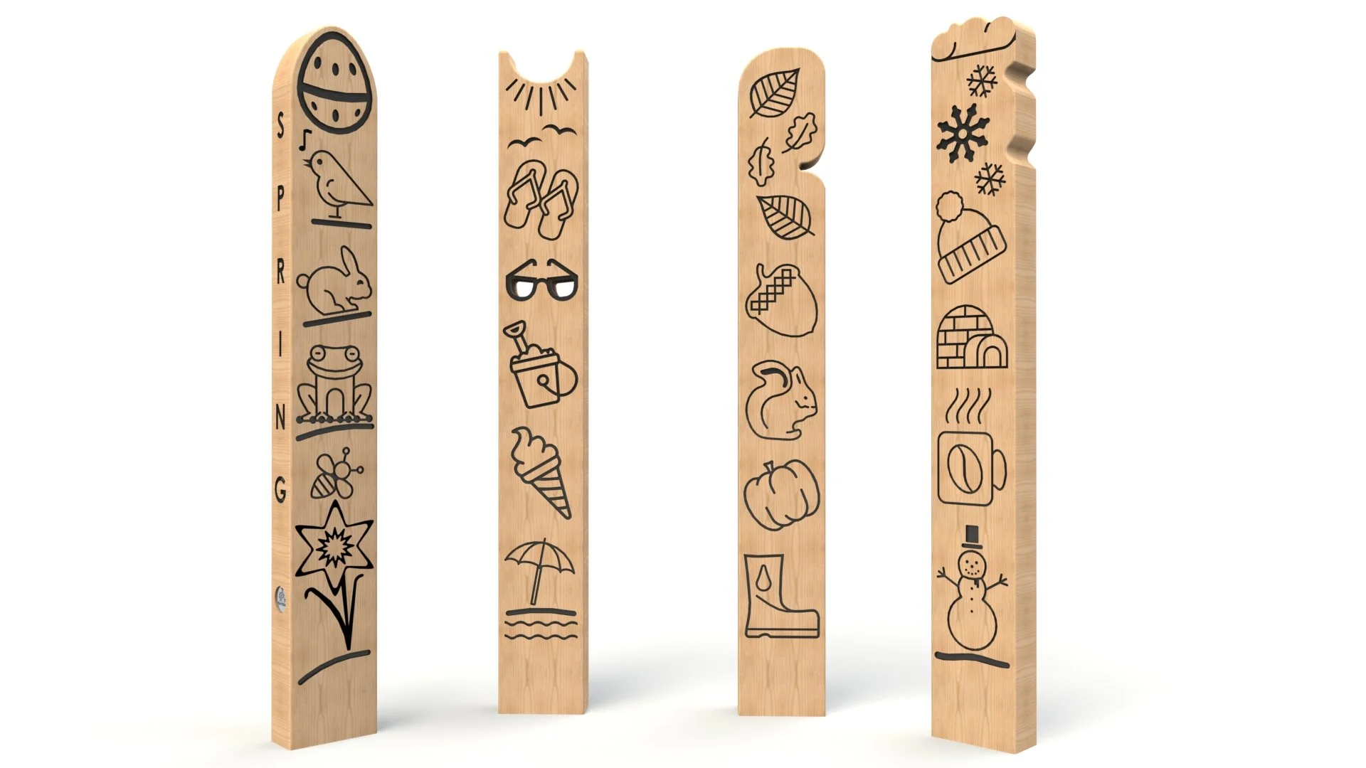 Four wooden planks with black line drawings of winter and holiday-themed icons, including a snowman, Santa hat, snowflakes, and mittens.