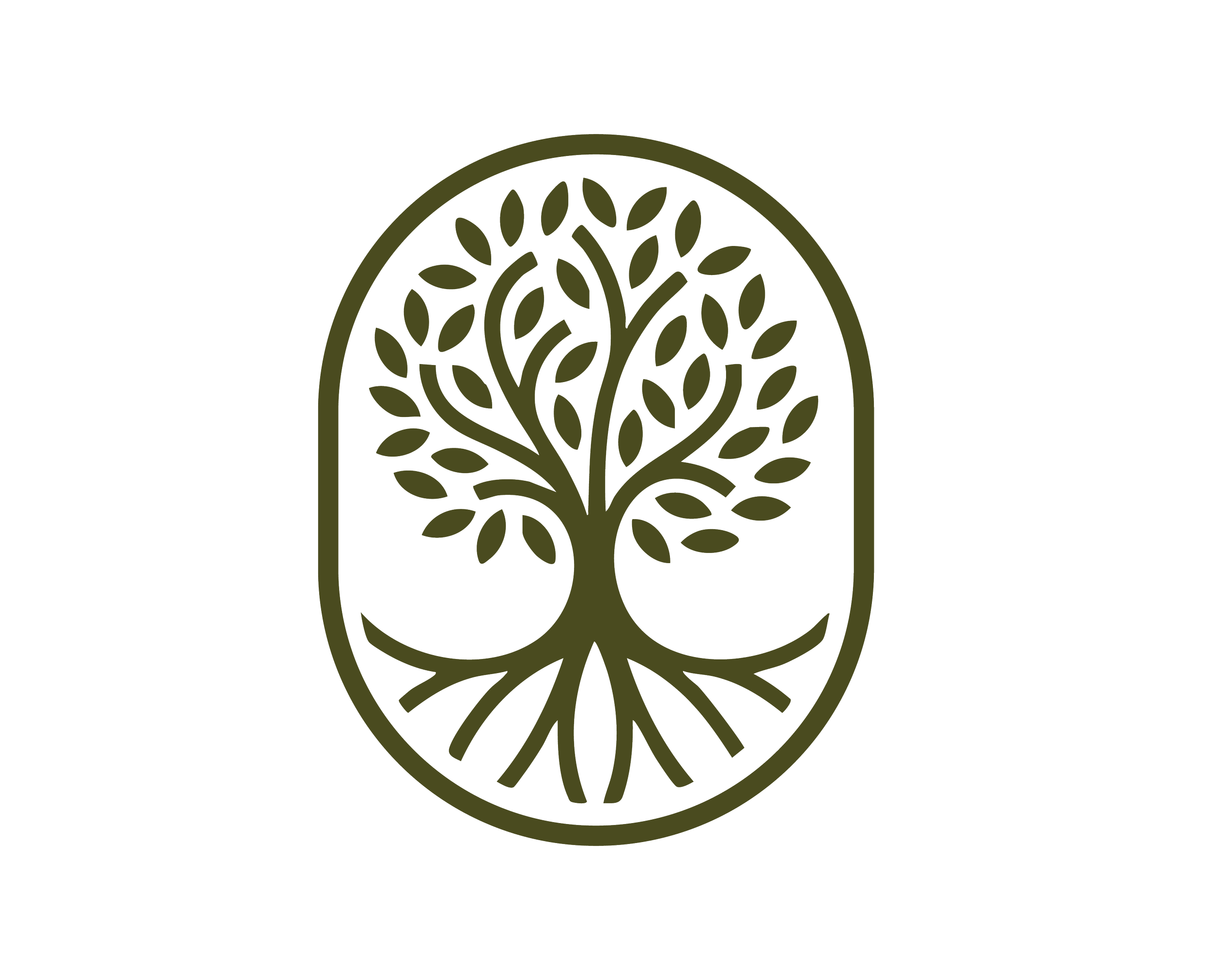 Outline of a tree with roots inside an oval frame.