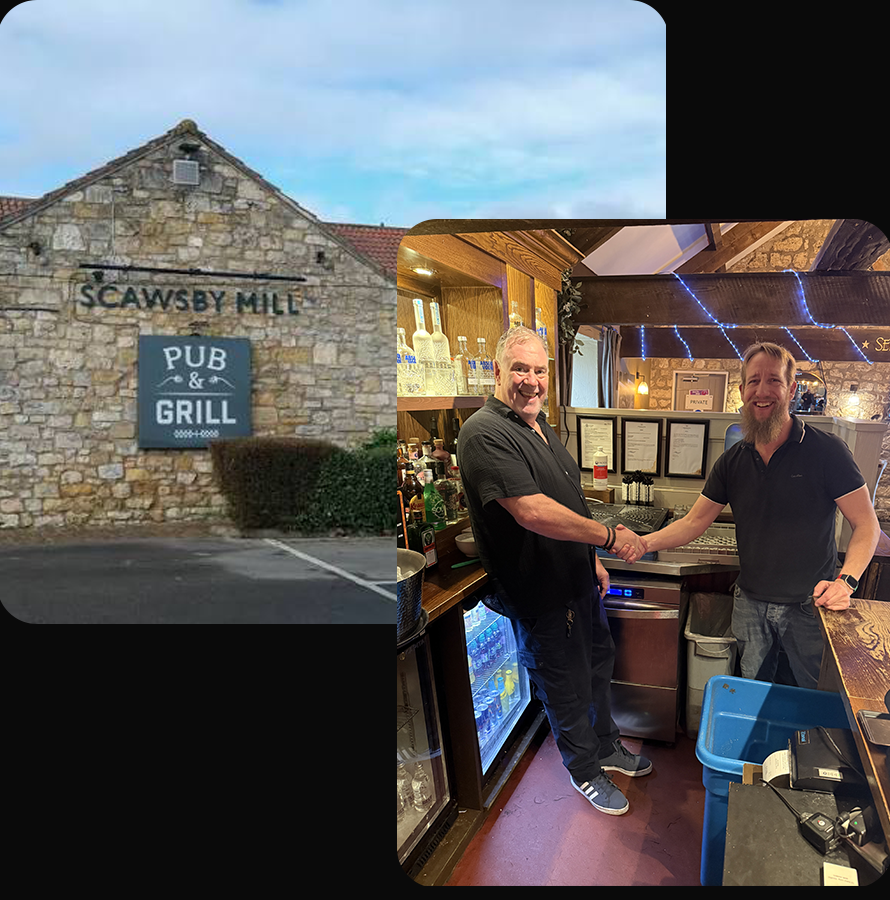 Scawsby Mill  Two-photo collage showing the exterior of The Scawsby Mill in Doncaster and two men shaking hands beside The Perfect Serve installation behind the bar.