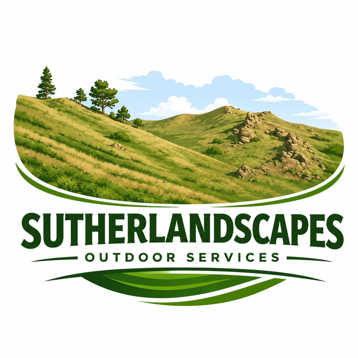 Logo featuring a scenic hill landscape with trees and rocks, and the words 'Sutherlandscapes Outdoor Services' in green text.