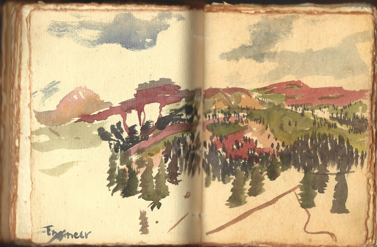 This was a quick watercolor sketch I did from the meadow at the base of Engineer Mountain. The peaks surrounding are a deep red, making the greens of the trees and wildflowers even deeper. 