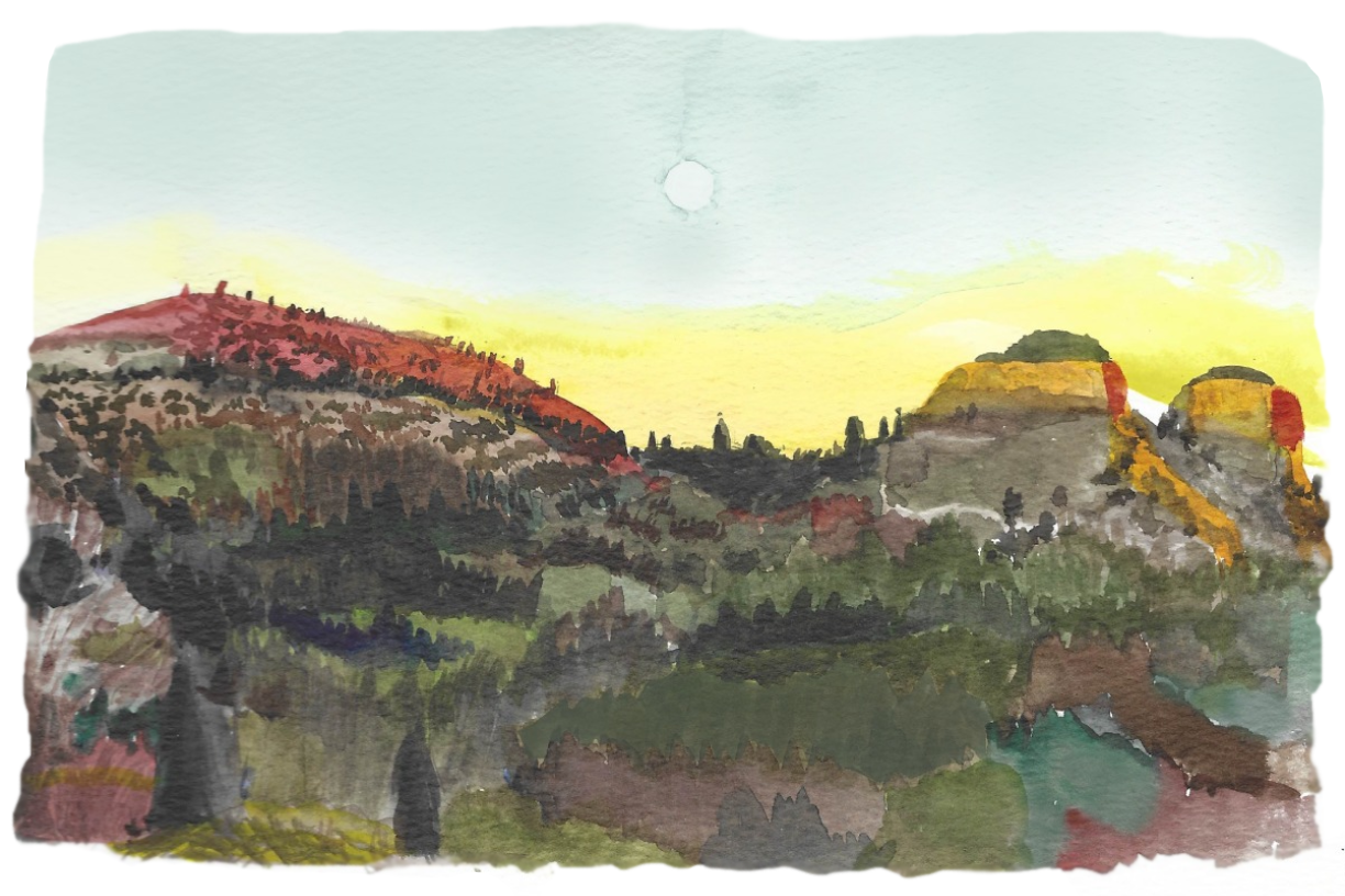 I saw this beautiful scene coming down the mountain one morning into town. The near-full moon was setting right near Twin Buttes. I took a photo and painted it later one night while my babies slept. 