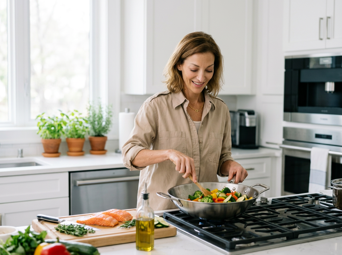 Woman cooking vegetables in a kitchen with sunlight, cutting salmon on a cutting board, various herbs, and a bottle of olive oil on the counter.