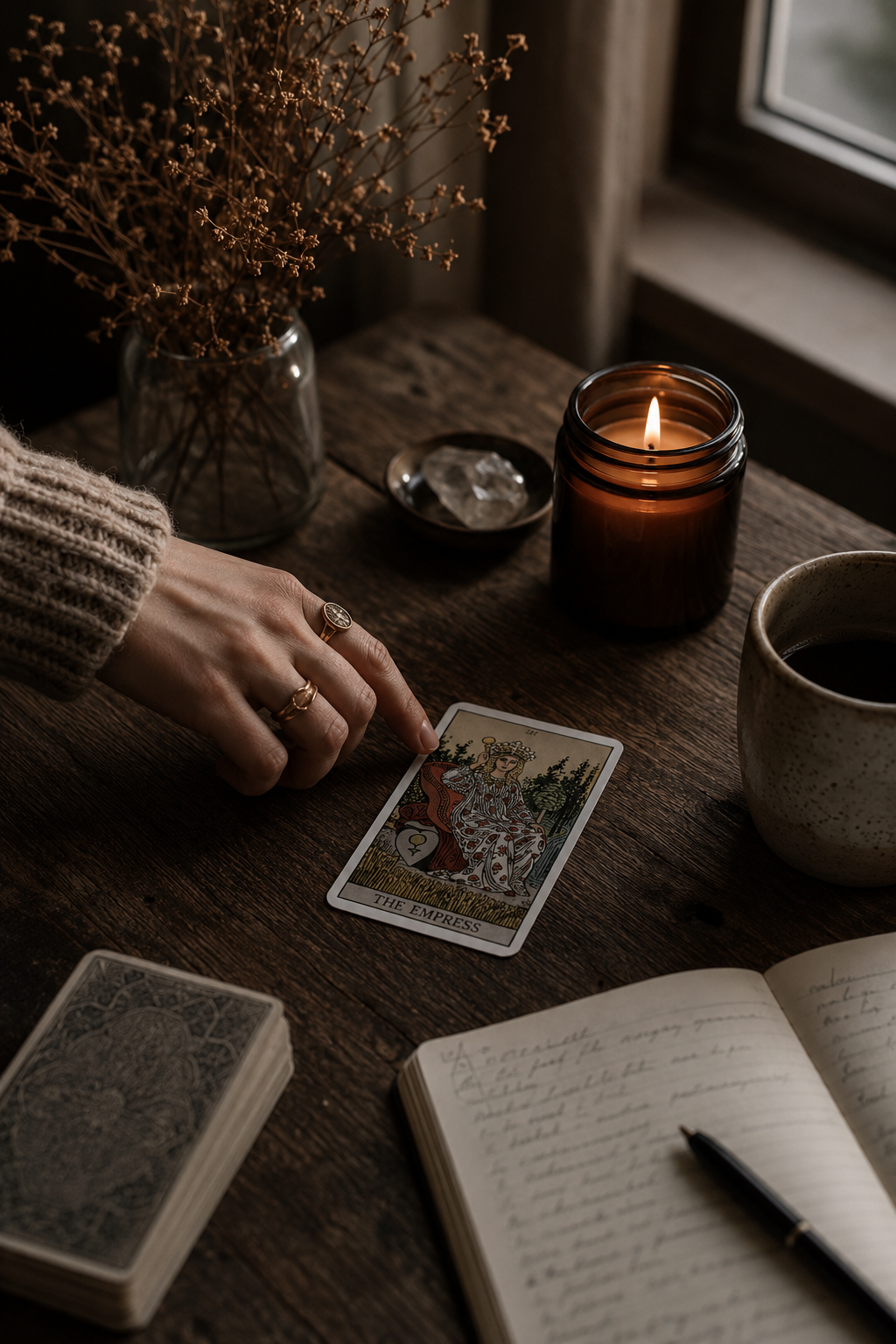A hand with rings touching a tarot card labeled 'The Empress' on a wooden table, with a candle, a cup of coffee, a notebook, a pen, a vase with dried flowers, and a bowl with a crystal nearby.