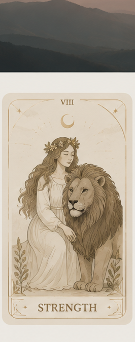 A tarot card titled 'Strength' depicting a woman with long flowing hair and a crown of flowers, gently resting her hand on a lion, with a moon and stars in the background.