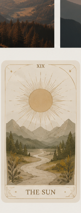 Illustration of a tarot card called 'The Sun' featuring a large sun with rays, mountains in the background, a winding river, and trees in a natural landscape.