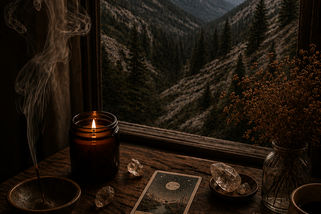 A cozy wooden table with a lit candle, smoke rising from incense, a tarot card, and crystals, overlooking a mountain landscape through a window.