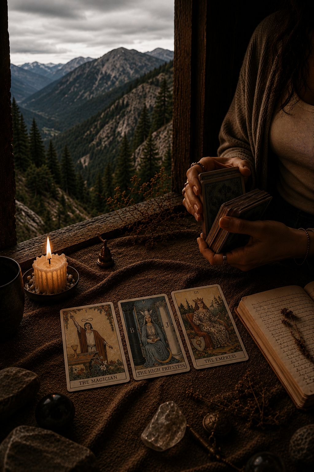 A woman sitting at a wooden table on a balcony overlooking mountain ranges, holding tarot cards. The table features tarot cards, a lit candle, a journal, and various crystals, creating a mystical and serene atmosphere.