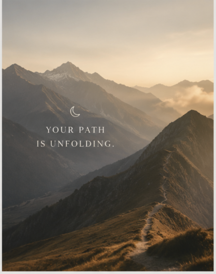 A scenic mountain landscape at sunset with a trail leading up a grassy hillside, along with the text "Your path is unfolding" and a small crescent moon icon.