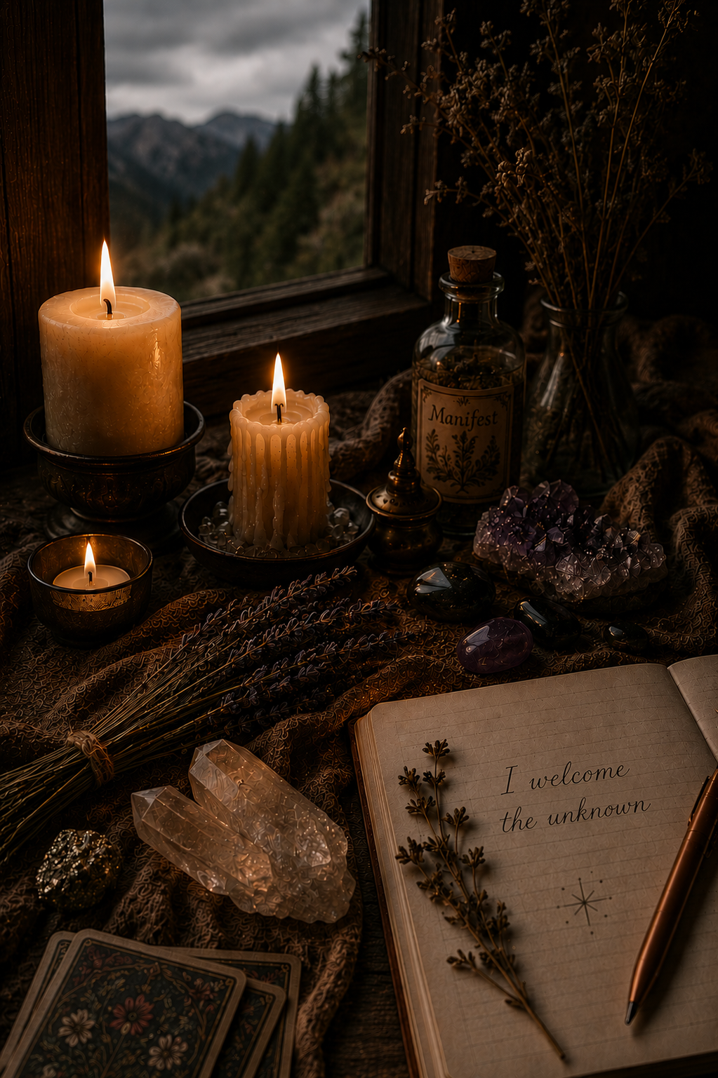 A spiritual or mystical altar setup with lit candles, crystals, herbs, and a notebook that reads 'I welcome the unknown'.