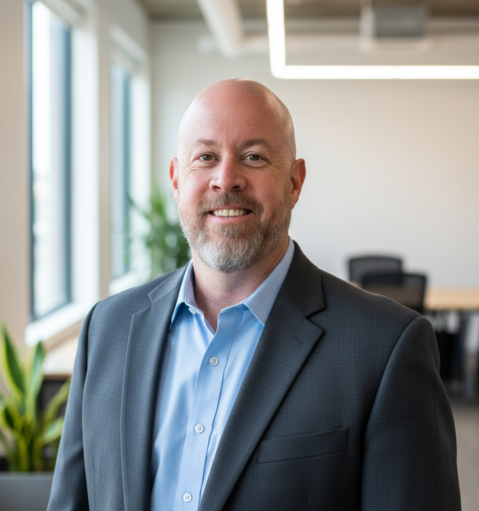 A smiling bald man with a beard wearing a dark gray suit jacket and light blue shirt standing in a modern office with large windows and green plants.