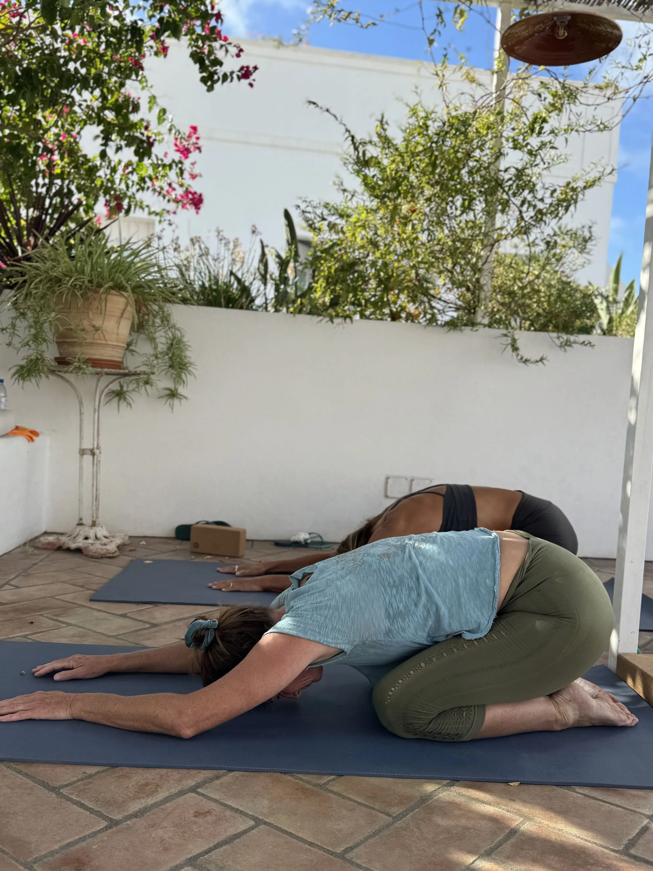 Group of people practicing yoga outdoors on yoga mats, in a forward bend pose, on a terracotta-tiled patio, with potted plants and a white wall, during the daytime.