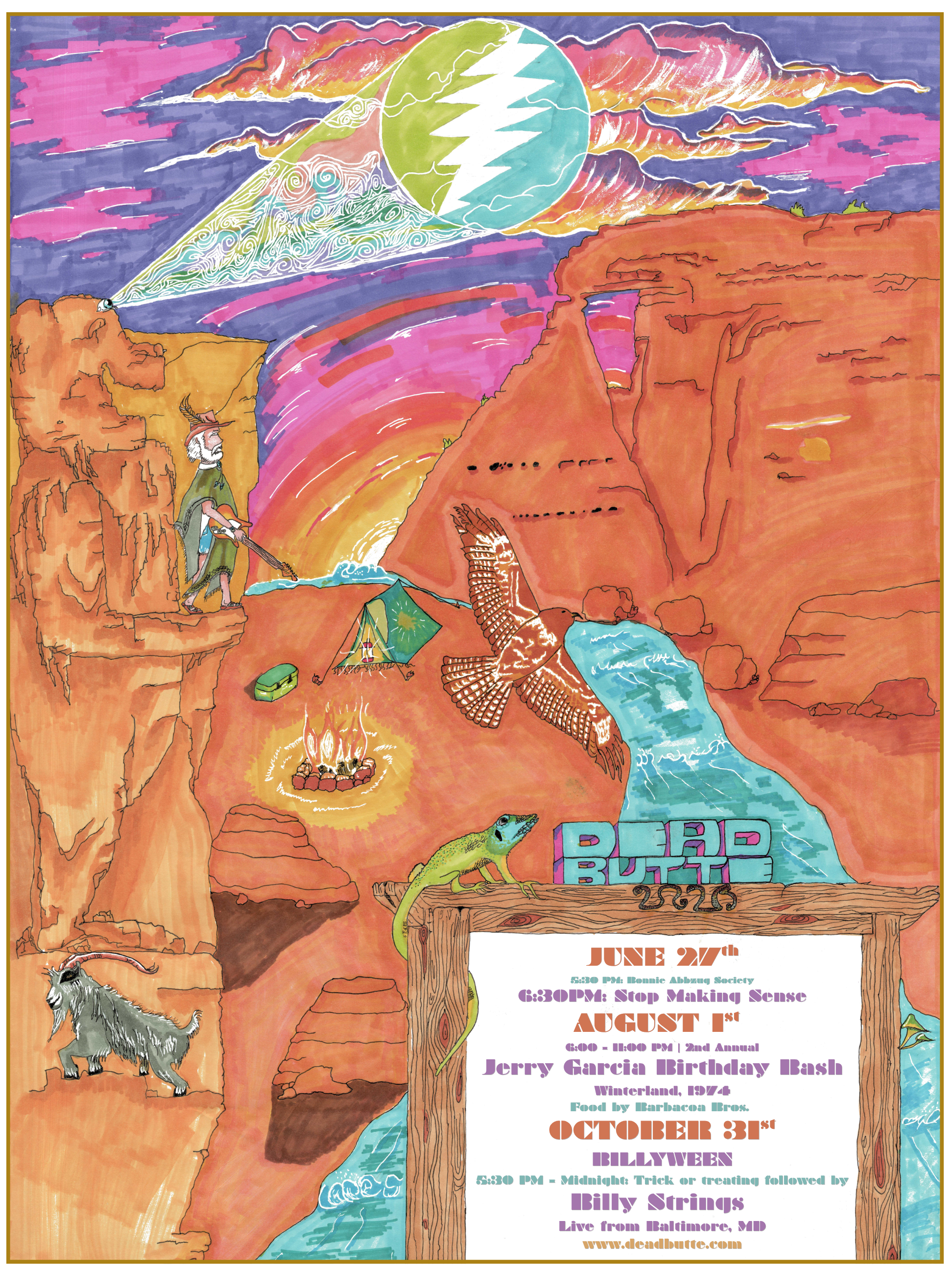 Colorful psychedelic artwork with a mountainous landscape, a waterfall, animals such as a lion and a gecko, and a large circular symbol with lightning bolts. The image contains event details for a Halloween party including date, time, location, and performers.