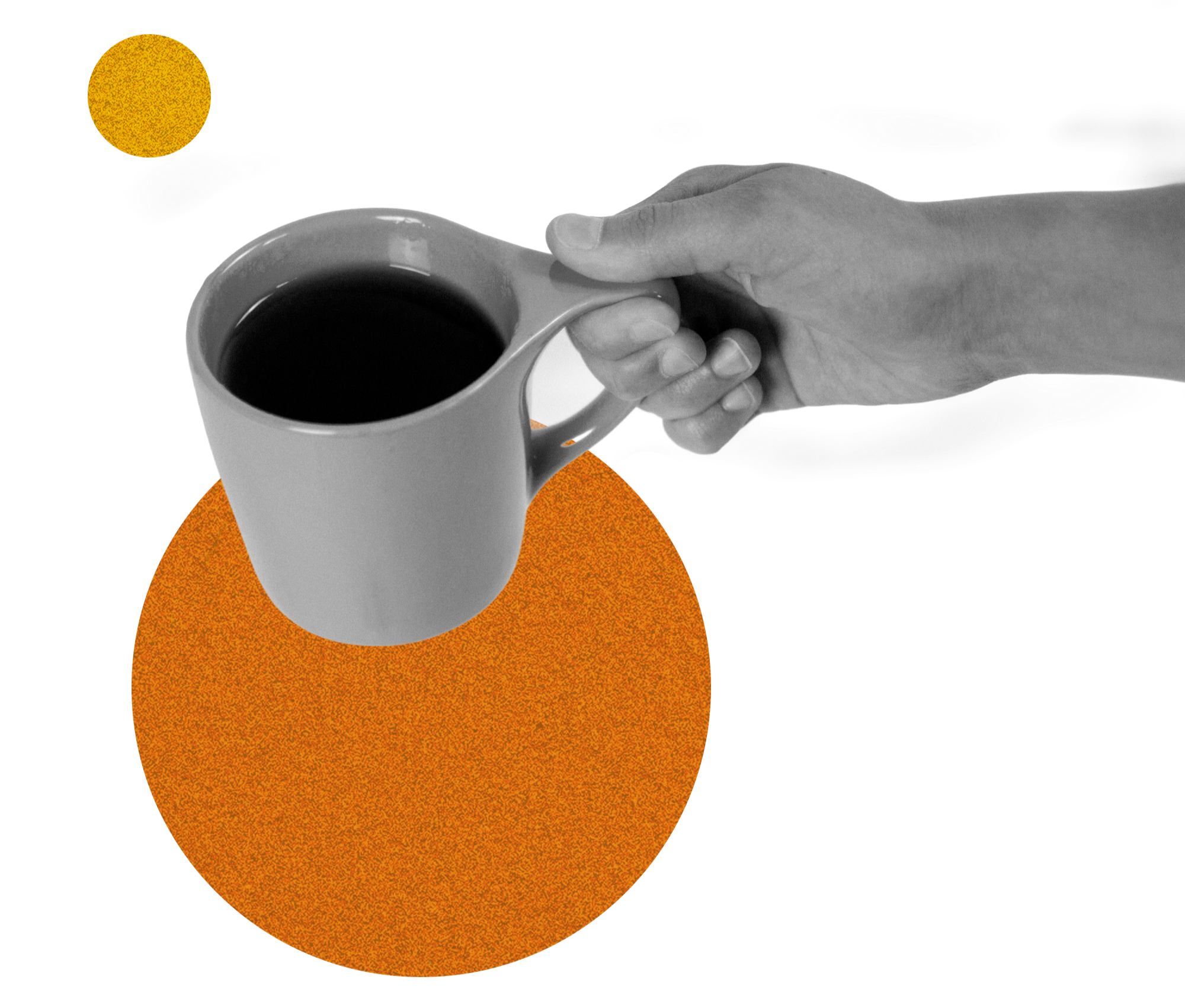 A hand holding a cup of coffee over an orange circle in the background.