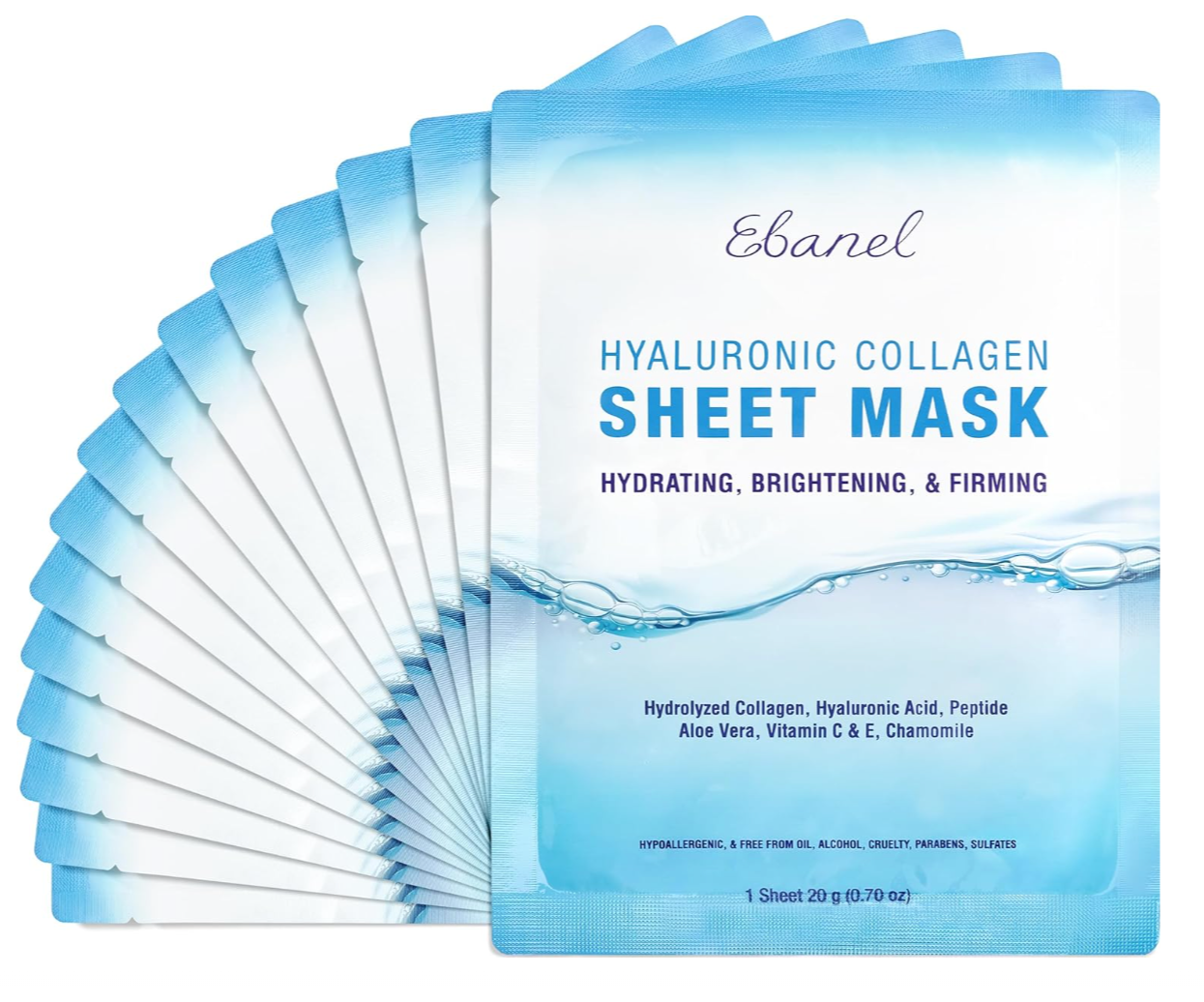 Multiple blue and white packaging packets of Eabel Hyaluronic Collagen Sheet Mask, fanned out with a focus on the front packet.