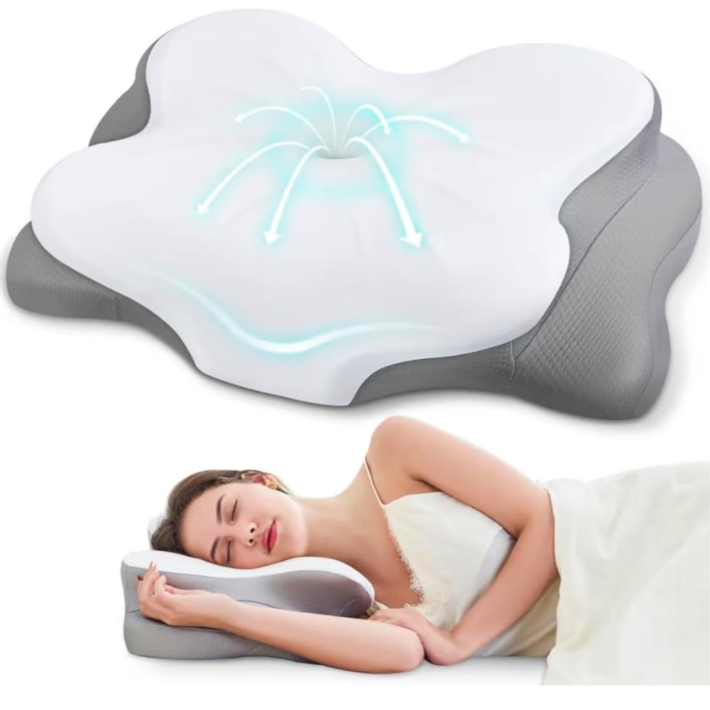 A woman peacefully sleeping on a contoured memory foam pillow with cooling gel layers, shown both in use and close-up.