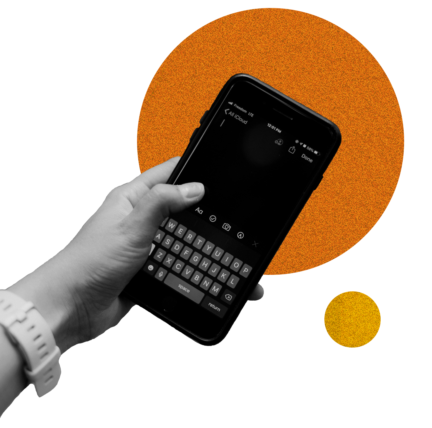A hand holding a smartphone displaying a note-taking app. The person is wearing a white watch.