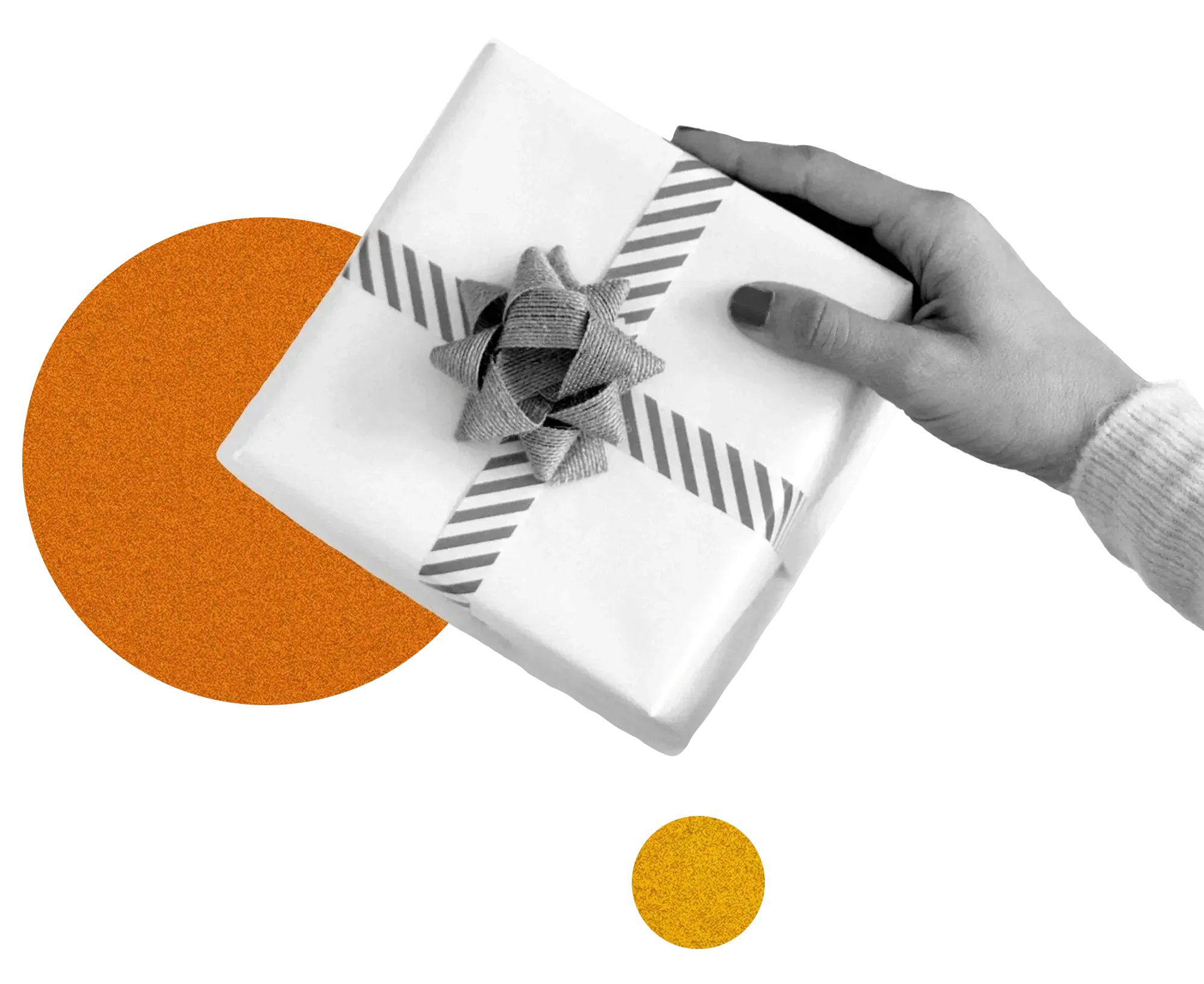 Hand holding a gift box wrapped in white paper with black striped ribbon and a bow. Orange circle in background.