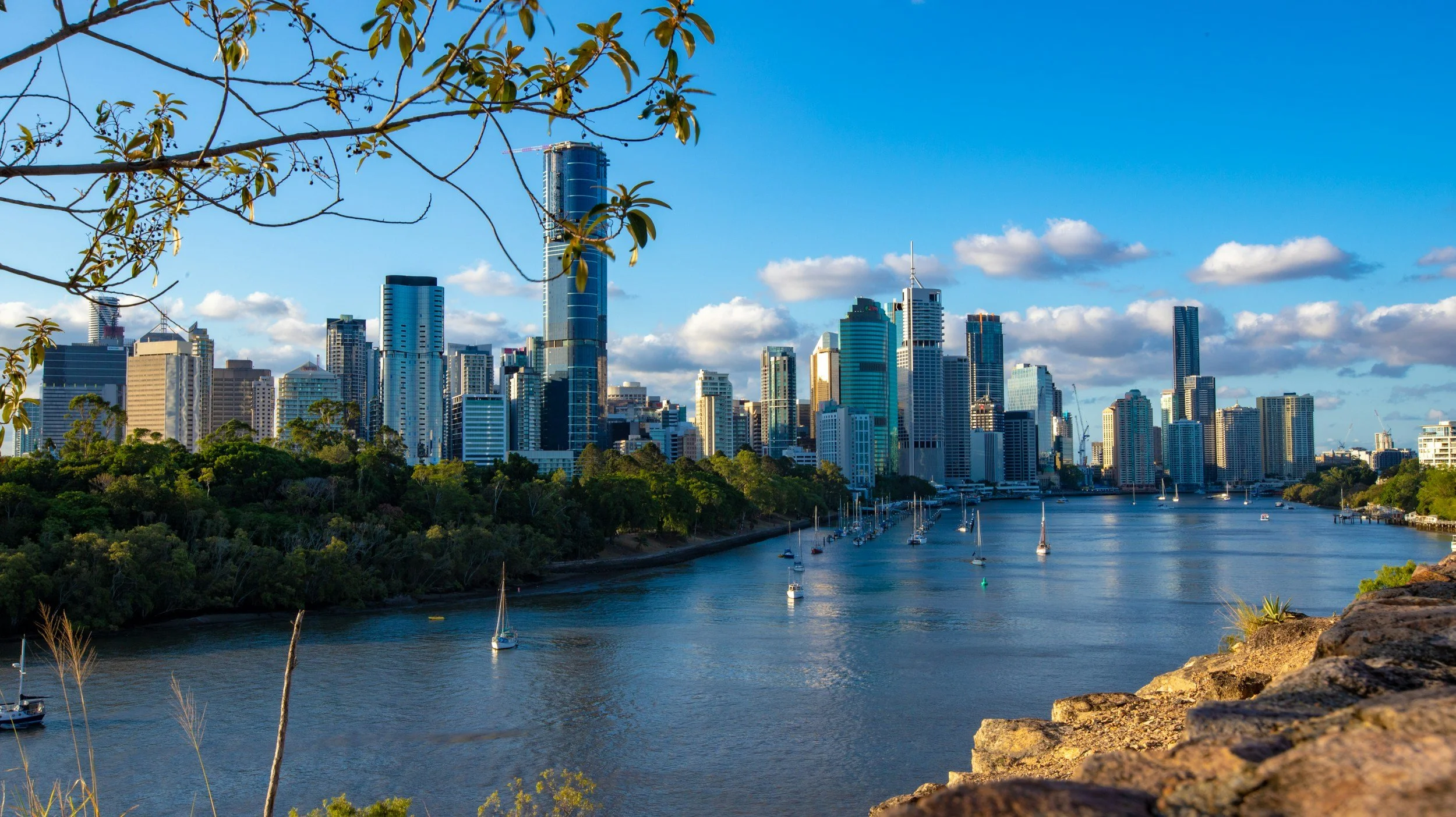 Skyline of a modern city with tall skyscrapers near water, viewed from a rocky and wooded area with some tree branches in the foreground.