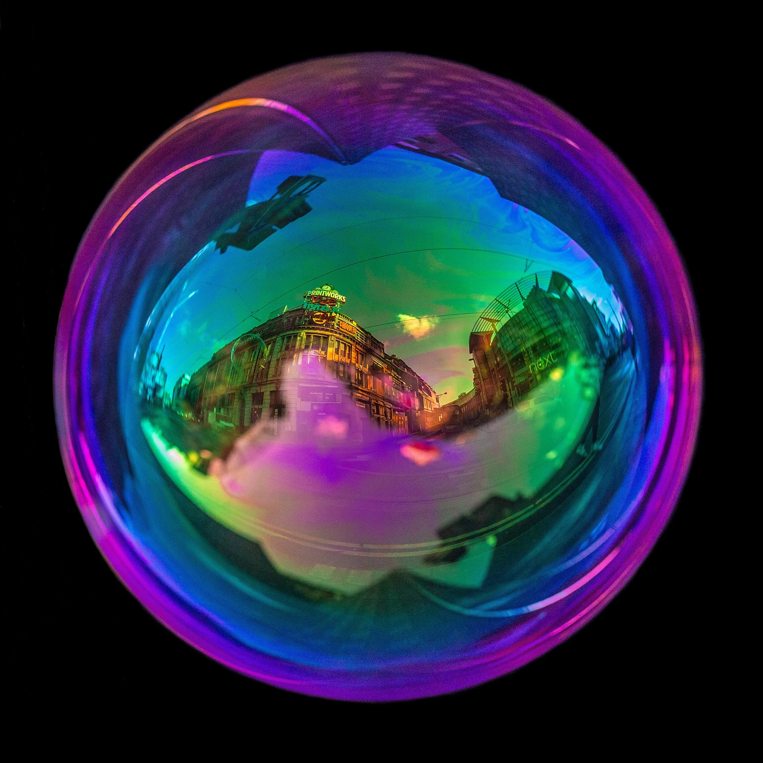 Real bubble photograph featuring Manchester printworks and natural light reflections