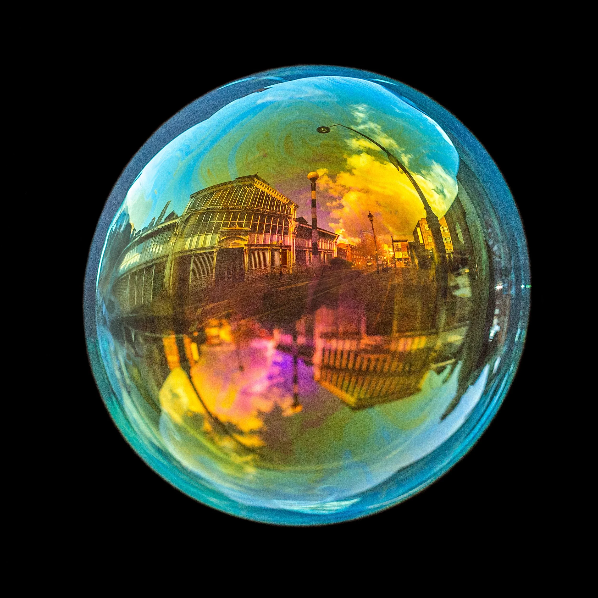 Manchester science and industry museum reflections photographed inside a real physical soap bubble

