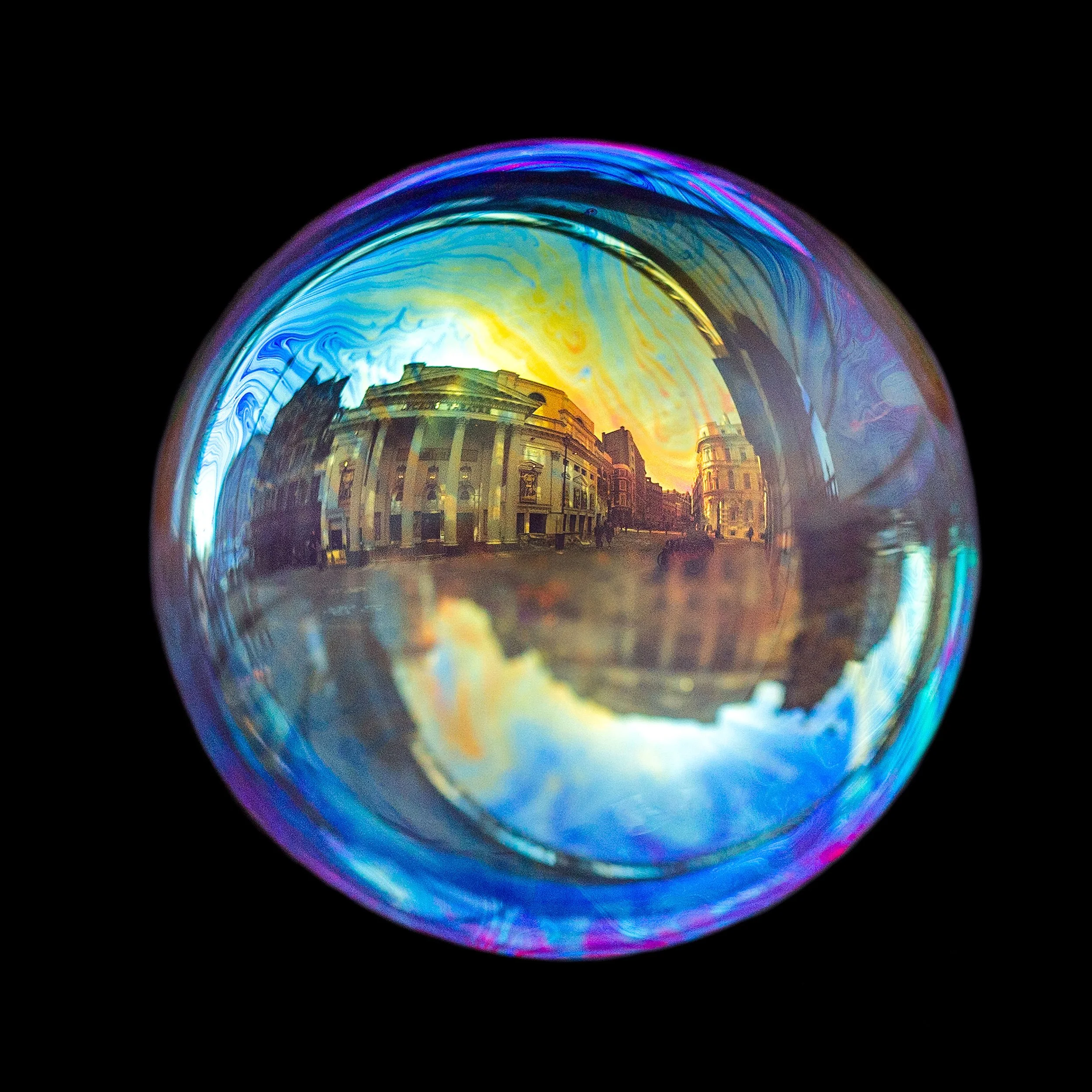Fine art bubble photograph capturing London inside a real soap bubble
