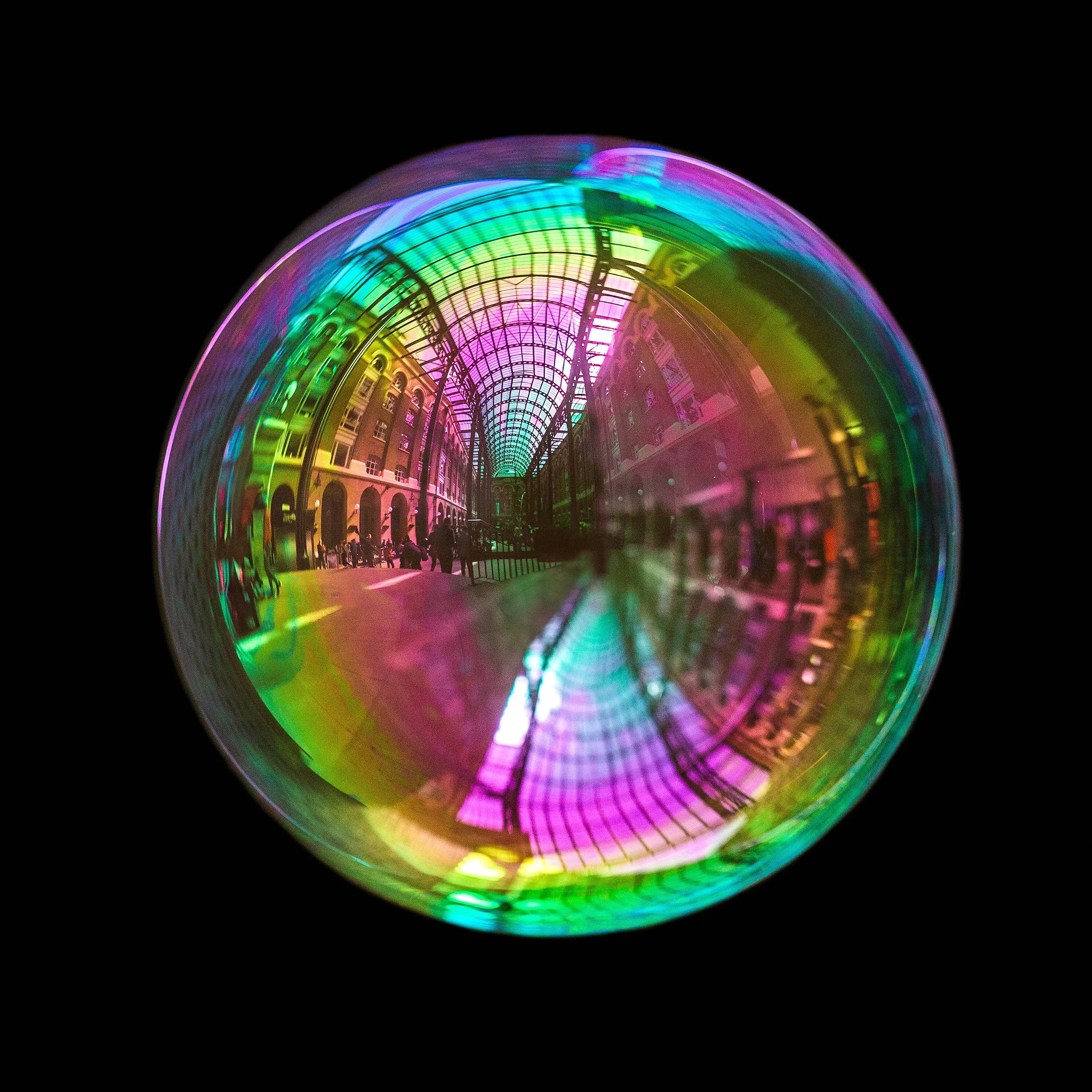 Fine art bubble photograph capturing hays gallery in London inside a real soap bubble
