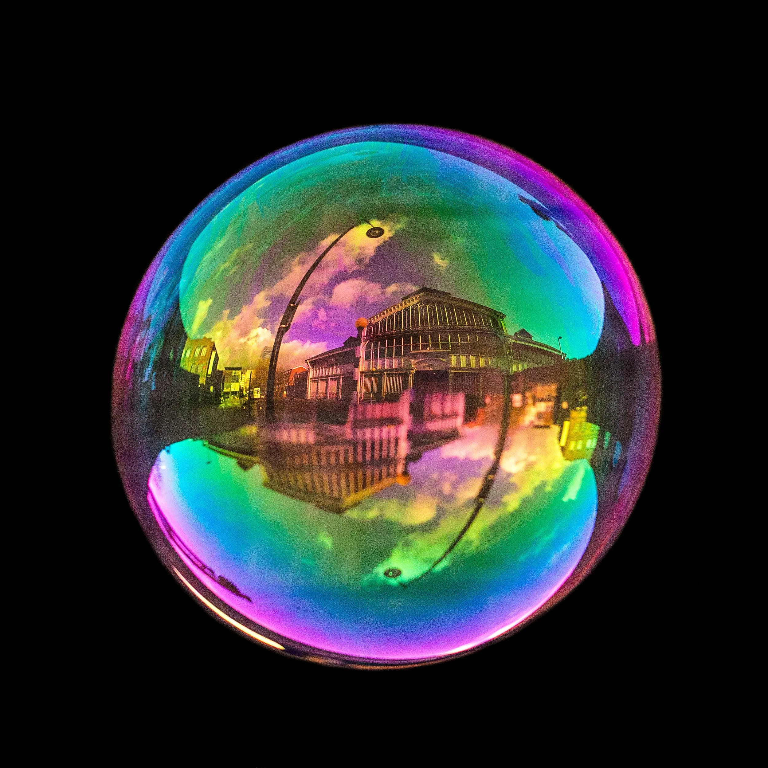 Manchester science and industry museum reflections photographed inside a real physical soap bubble
