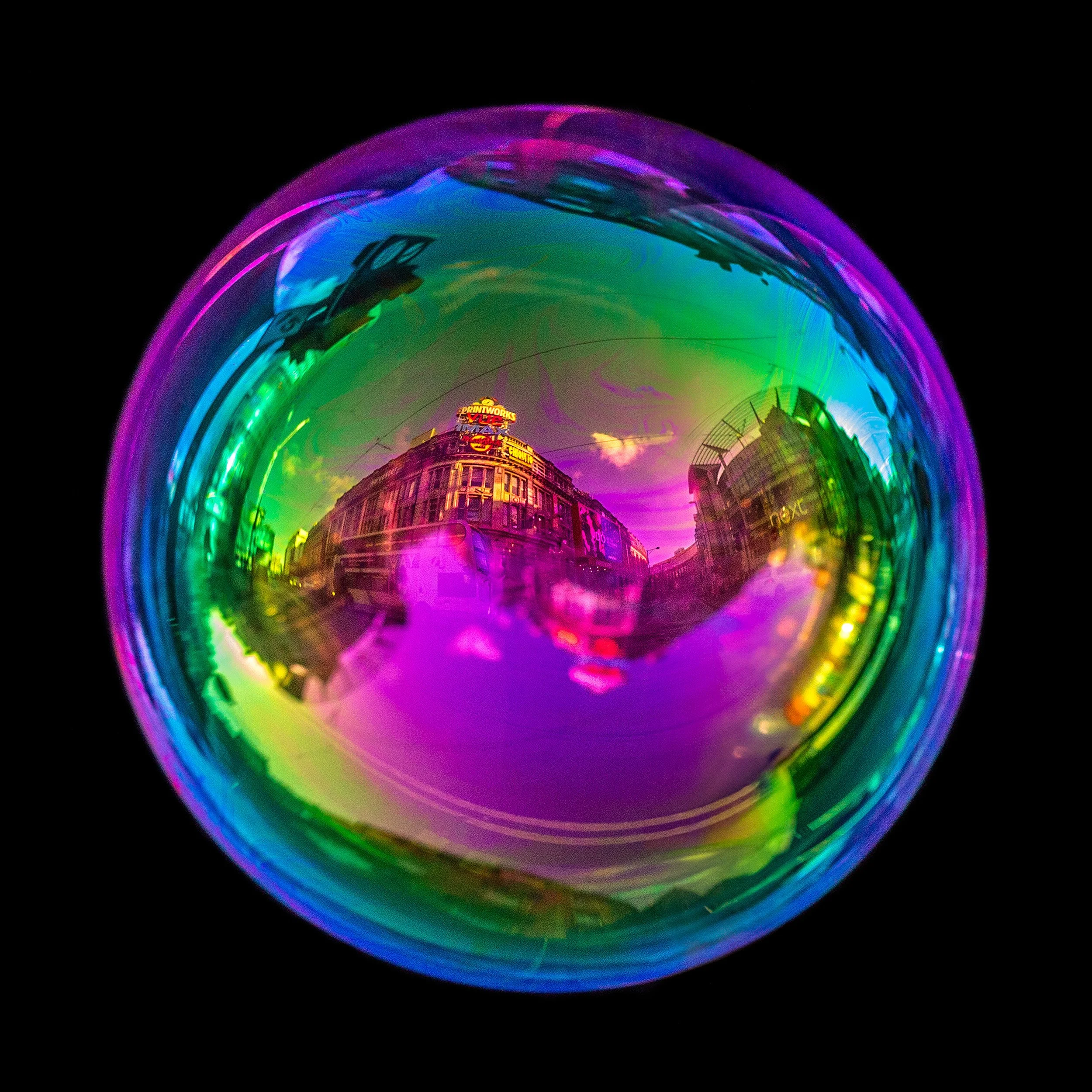 Real bubble photograph featuring Manchester printworks and natural light reflections