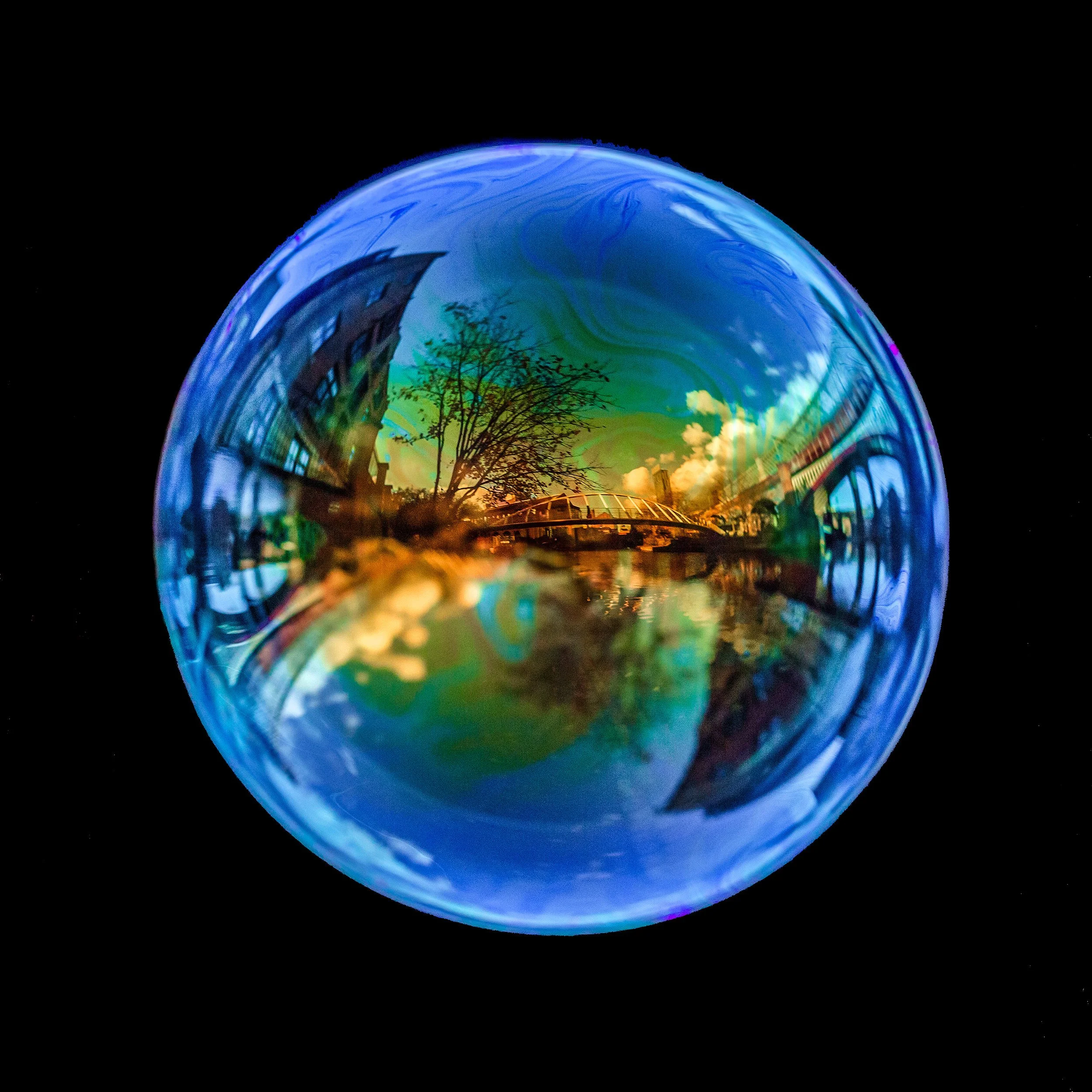 Real bubble photograph featuring Manchester canal and natural light reflections
