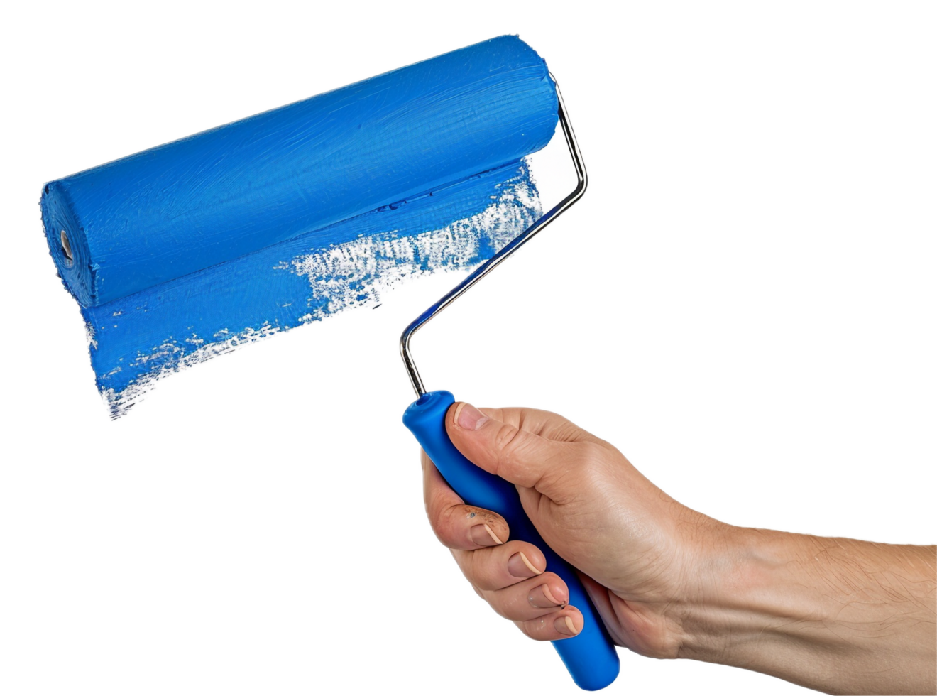 JC Trades Services LLC Painting. Hand holding a paint roller with blue paint, mid-application, against a plain background.