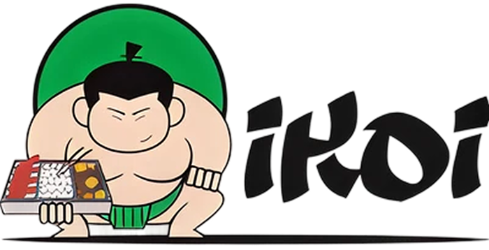 Cartoon sumo wrestler holding a bento box next to bold, playful ikoi text—perfect mascot for a Japanese restaurant in Kirchberg.