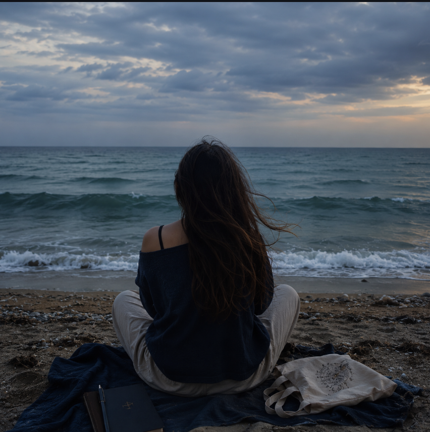 Woman sitting on a beach at sunset, facing the ocean with her back to the camera.