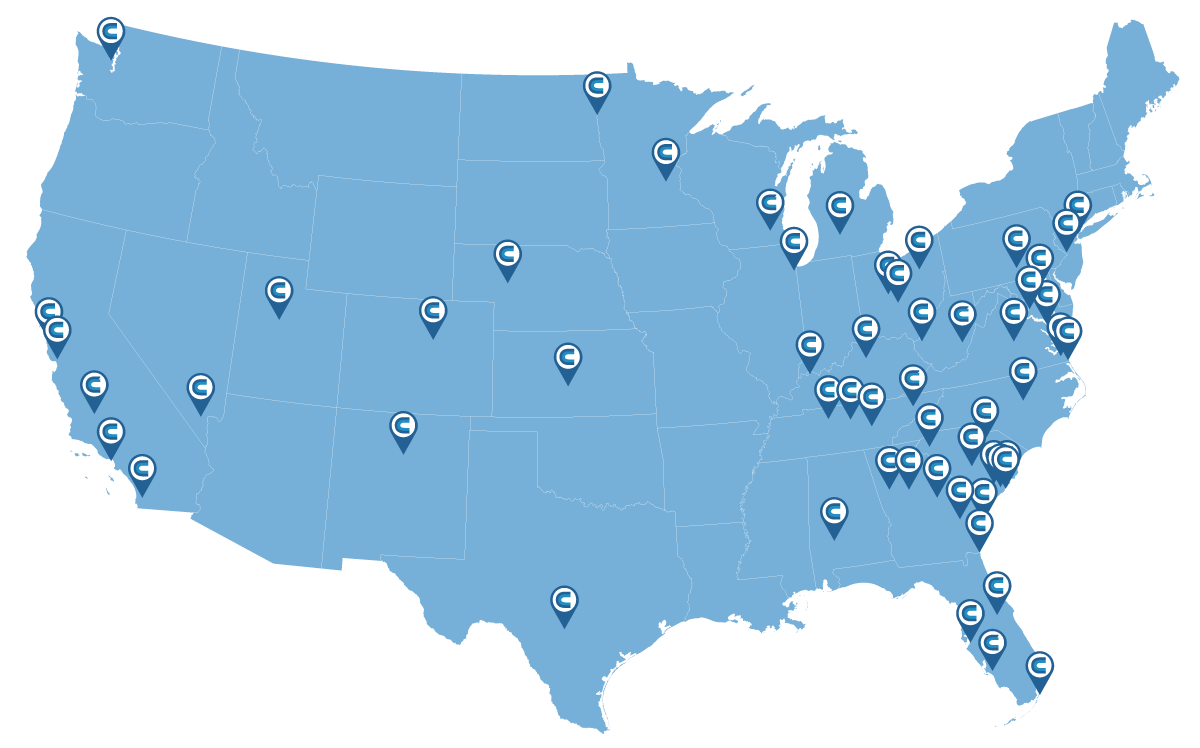 A map of the United States with locations marked by blue pins, each containing a white letter 'C'.
