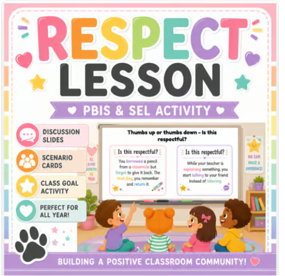 Poster titled "Respect Lesson" promoting PBIS and SEL activity, featuring children sitting in a classroom with a whiteboard. Includes discussion prompts and icons for activities like discussion slides, scenario cards, class goal activity, and a message about building a positive classroom community.