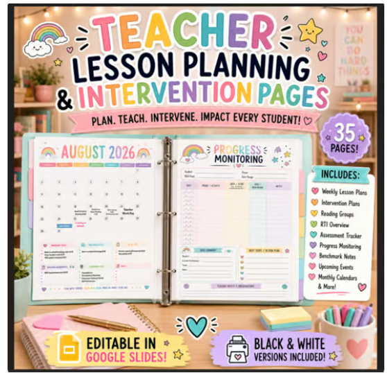 Cover page of a teacher lesson planning and intervention pages planner with colorful text, icons, and a monthly calendar, showing August 2026, open to two pages with planning and progress monitoring sections, includes a pink heart, sticky notes, pens, and a mug of colored pencils in the background.