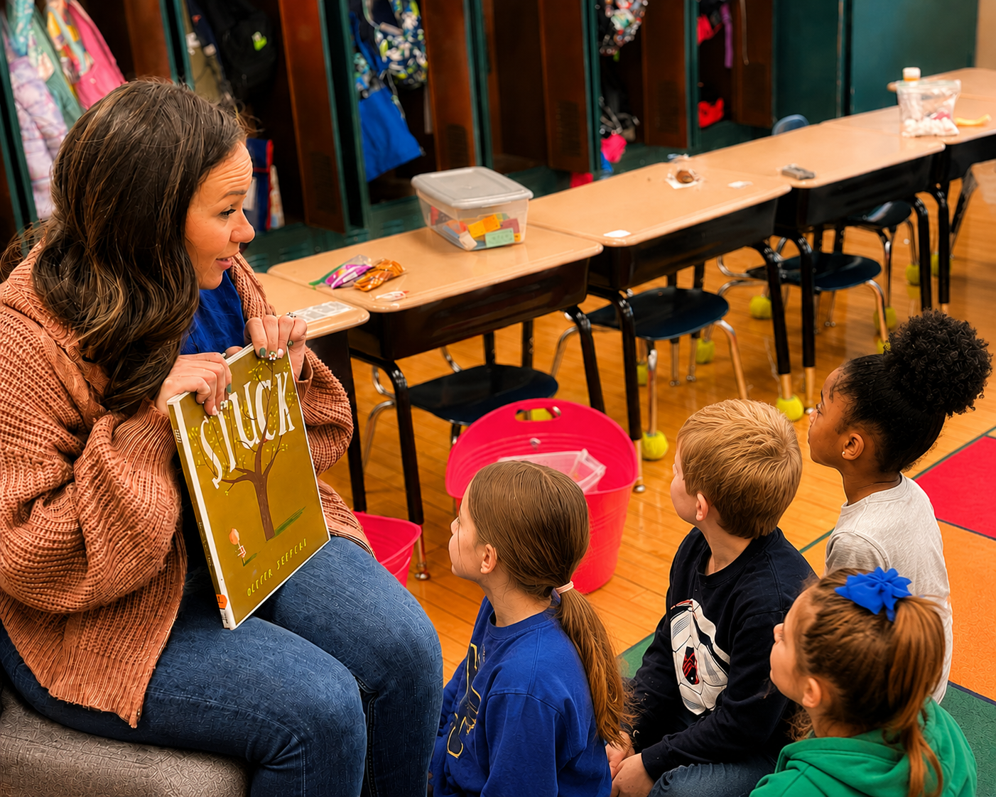 A woman reading a children's book titled 'Silly' to a group of four kids seated on the floor of a classroom.