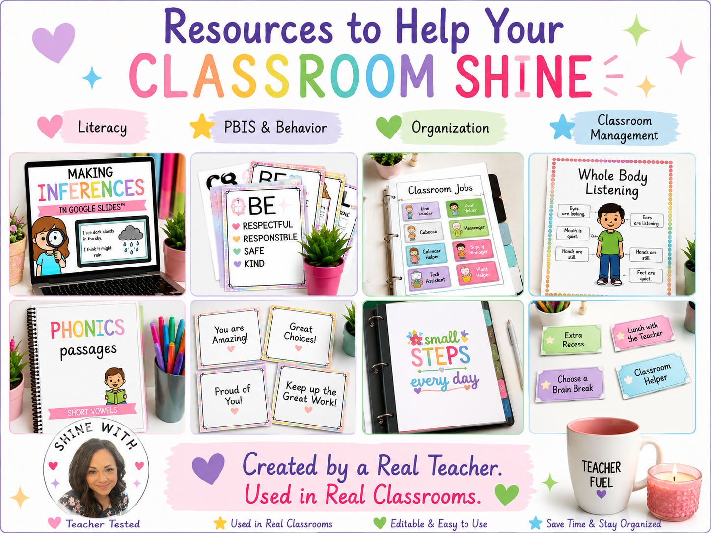 An infographic titled 'Resources to Help Your Classroom Shine' displaying various educational resources divided into categories: Literacy, PBIS & Behavior, Organization, and Classroom Management. It includes images of a laptop with 'Making Inferences,' colorful flashcards, a classroom jobs chart, a 'Small Steps Every Day' planner, a phonics book, and notes with encouraging messages. The infographic features a photo of a woman, and a white mug with 'Teacher Fuel' written on it, along with colorful stars, hearts, and other decorative elements.
