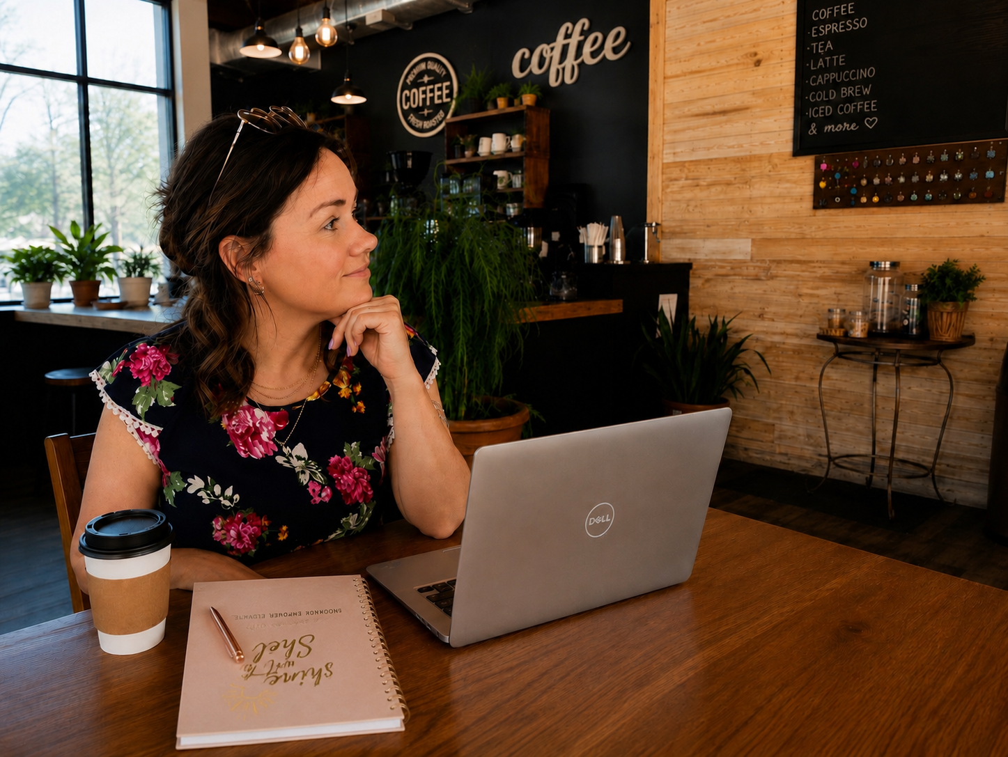 Shel writing personal stories and reflections in a coffee shop.