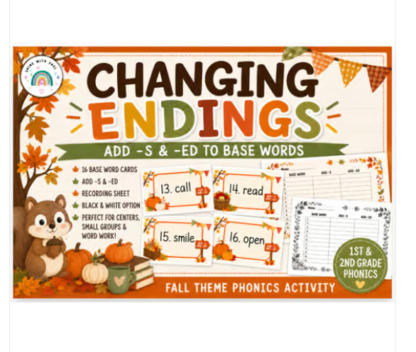 Educational activity titled 'Changing Endings' for fall-themed phonics, involving adding -s or -ed to base words, with example words and colorful autumn decorations including pumpkins, a bear, and autumn leaves.